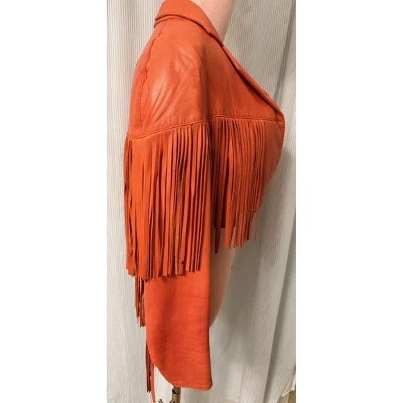 VTG North Beach Leather Women's Size Small 5/6 Cropped Red Fringe Leather Jacket - Picture 9 of 14
